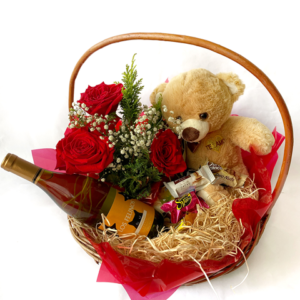 Cesta Chocolate, Urso e Flores