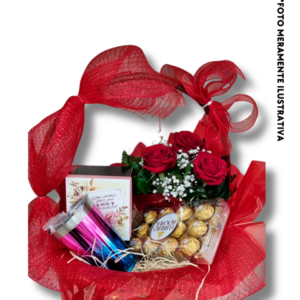 Cesta+Arranjo de Rosas + Caneca+ Copo Térmico + Caixa de Ferrero Rocher