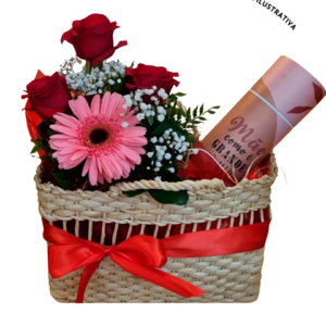 Bolsa de Palha + Arranjo de Rosas + Garrafinha
