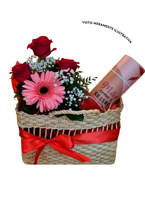 Bolsa de Palha + Arranjo de Rosas + Garrafinha